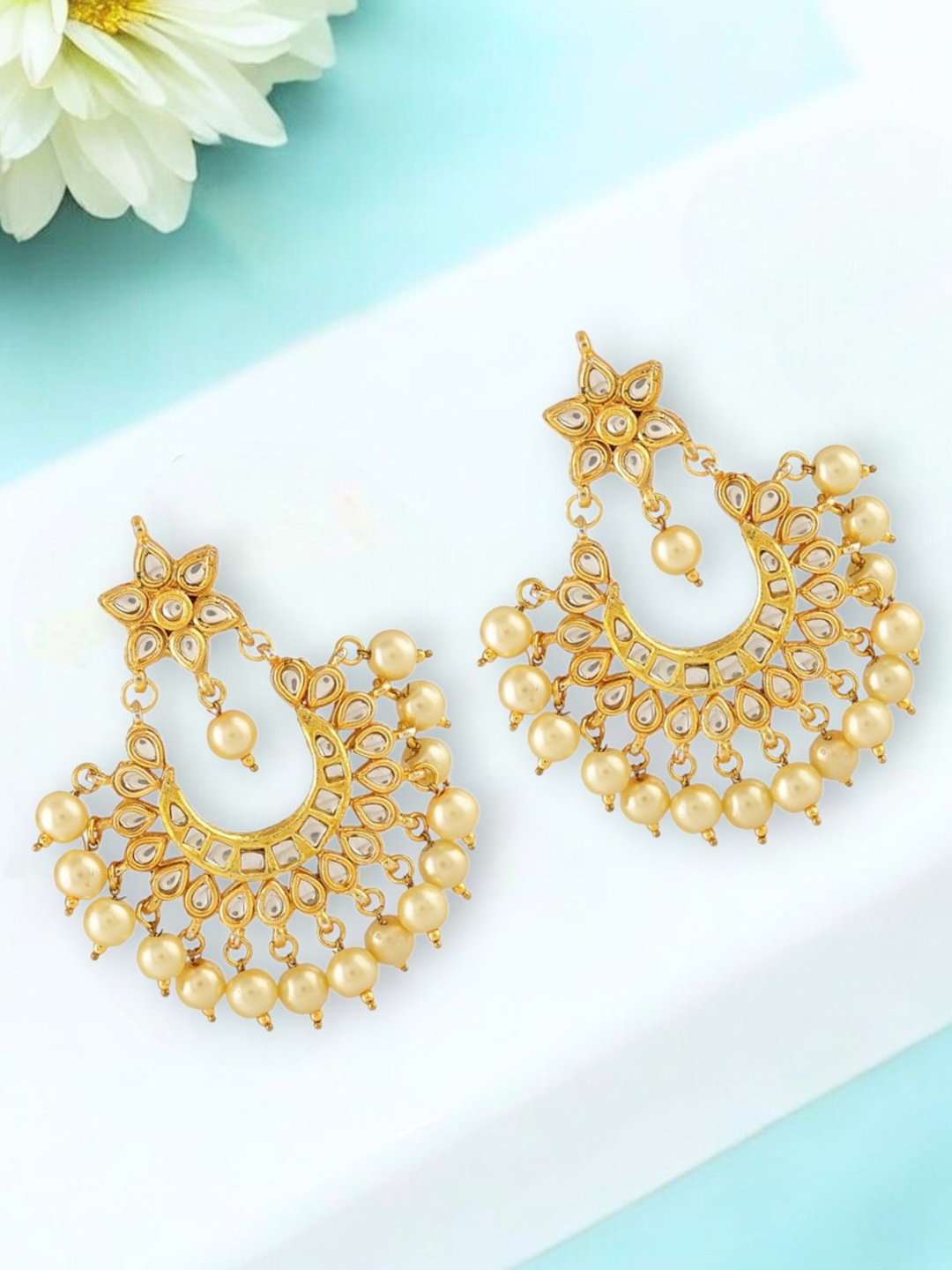 

Anouk Gold-Plated Kundan Studded & Beaded Contemporary Drop Earrings