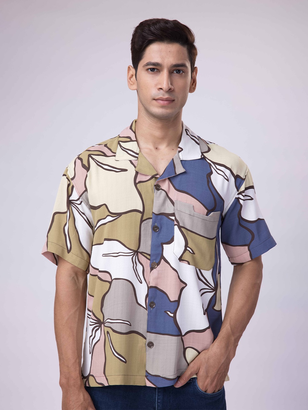 

Big Bunny Custom Oversized Abstract Printed Cuban Collar Wrinkle Free Shirt, Blue