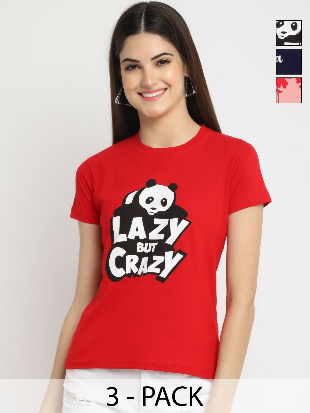 

Dreambe Women Pack of 3 Typography Printed Round Neck Cotton T-shirts, Red