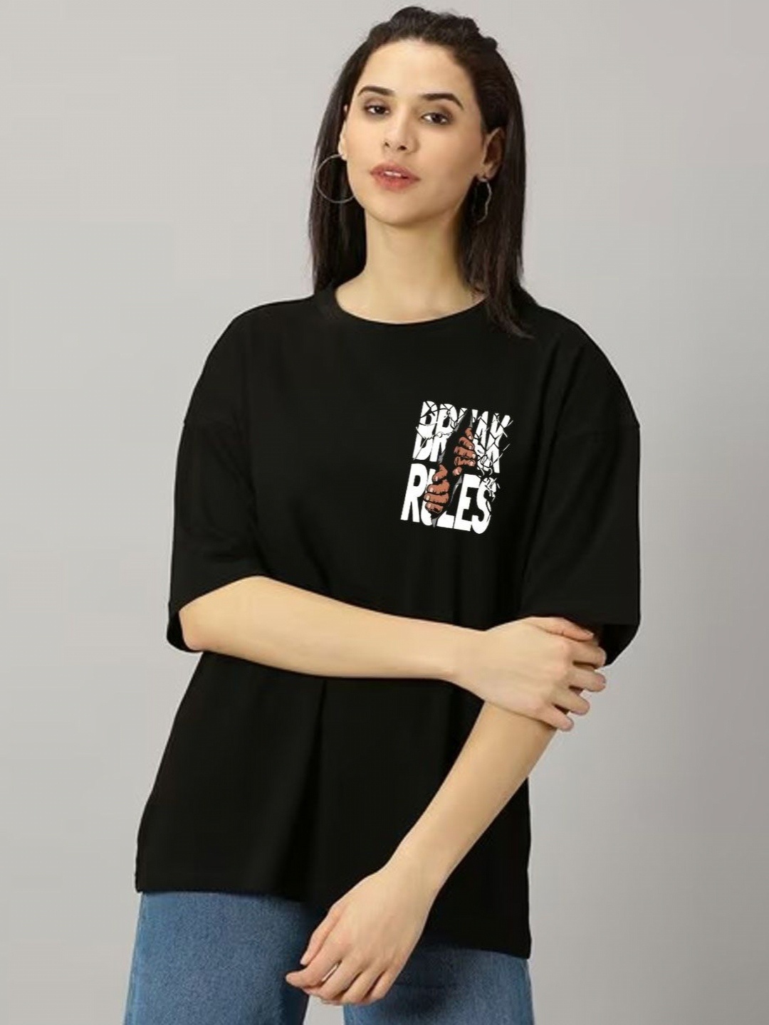 

kintu parantu Women Typography Printed Round Neck Cotton Oversized T-shirt, Black