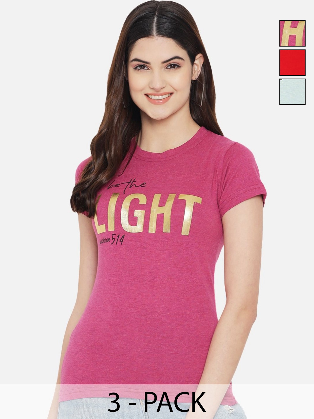 

Dreambe Women Pack of 3 Typography Printed Round Neck Cotton T-shirts, Pink