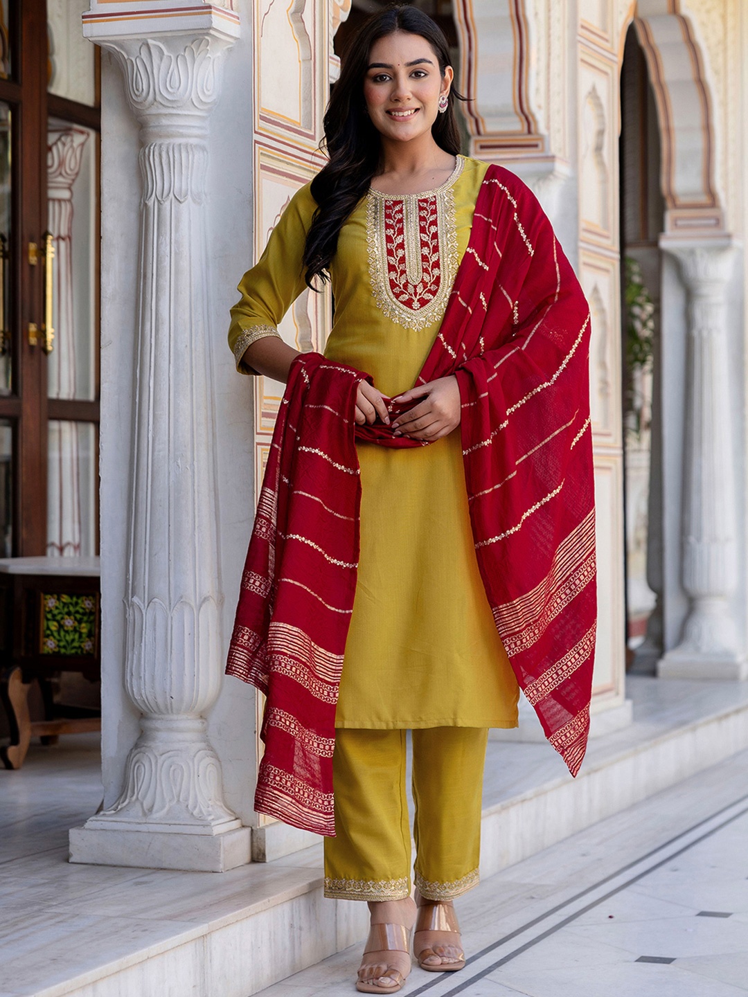 

SKYLEE Floral Yoke Design Sequinned Straight Kurta With Trousers & Dupatta, Yellow