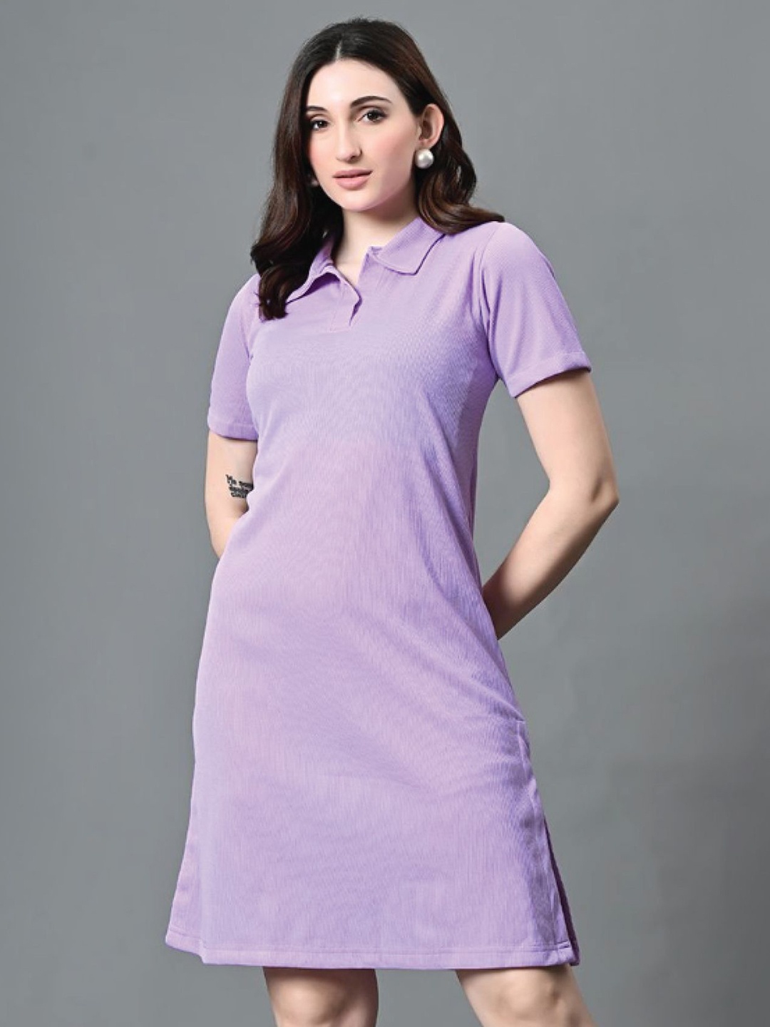 

Dreambe Women Solid Shirt Collar A-Line Dress, Purple