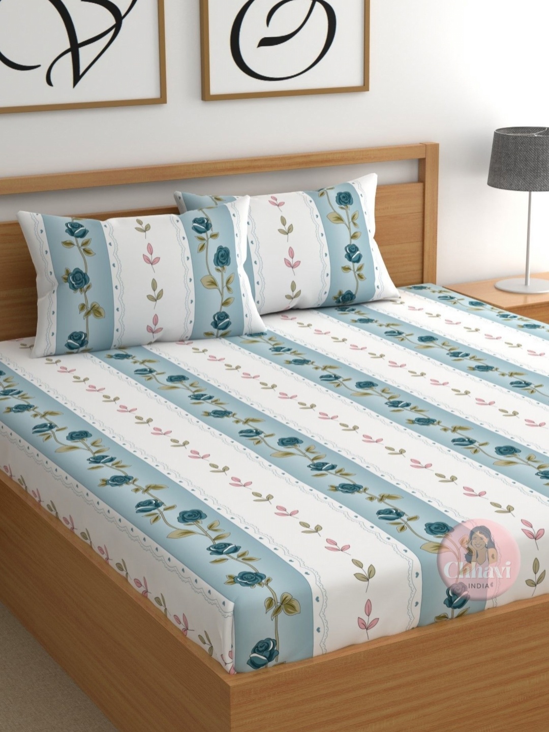 

CHHAVI INDIA Blue & White Floral 210 TC Microfiber Queen Bedsheet Set 2.50 m x 2.25 m