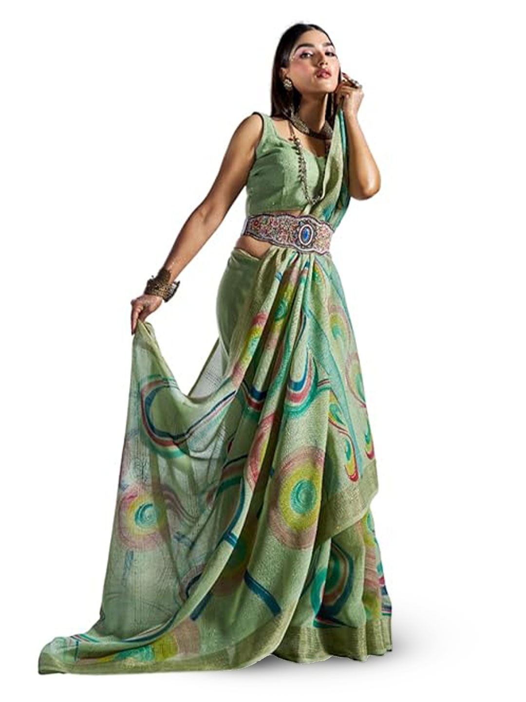 

BW X BUTTERFLY Abstract Printed Sequined Pure Cotton Saree With Blouse Piece, Green