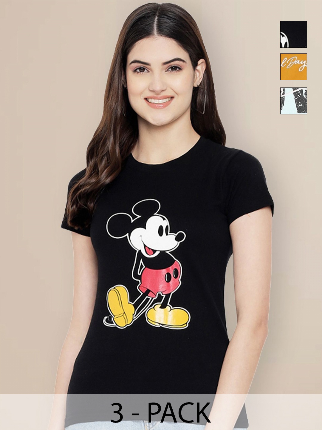 

Metronaut Women Pack of 3 Mickey Mouse Graphic Printed Round Neck Cotton T-shirts, Black