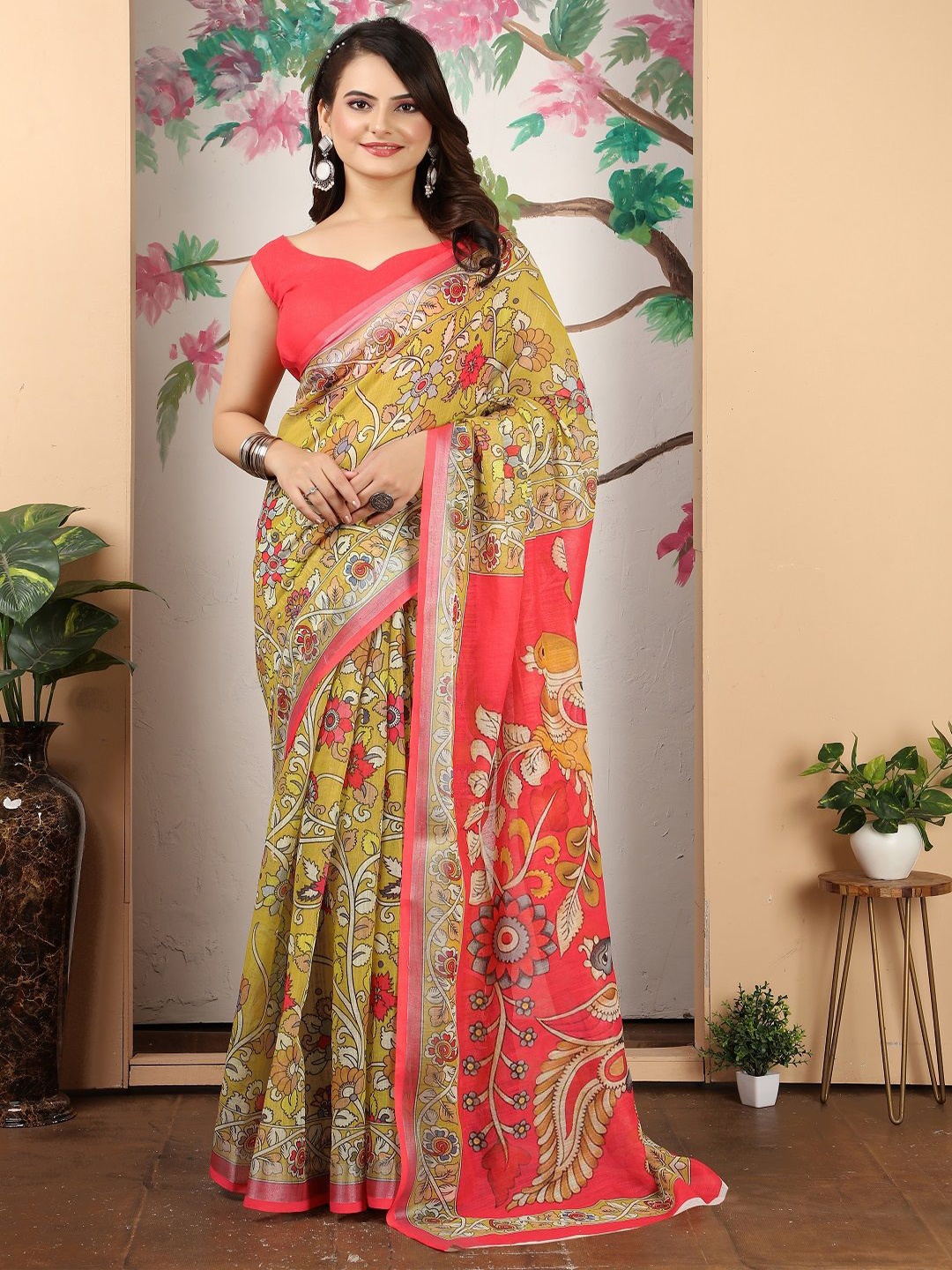 

Mitera Floral Printed Pure Cotton Saree, Mustard