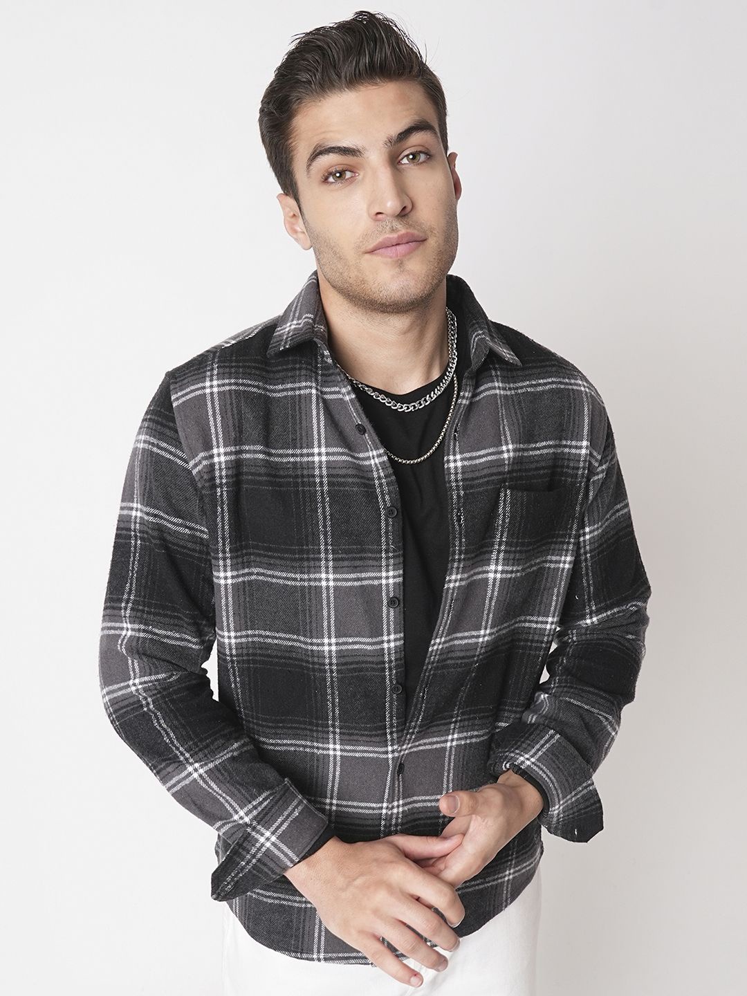 

VASTRADO Men Spread Collar Tartan Checked Cotton Casual Shirt, Black