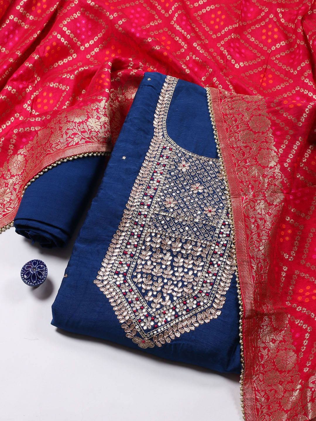 

Meena Bazaar Floral Embroidered Gotta Patti Unstitched Dress Material, Navy blue