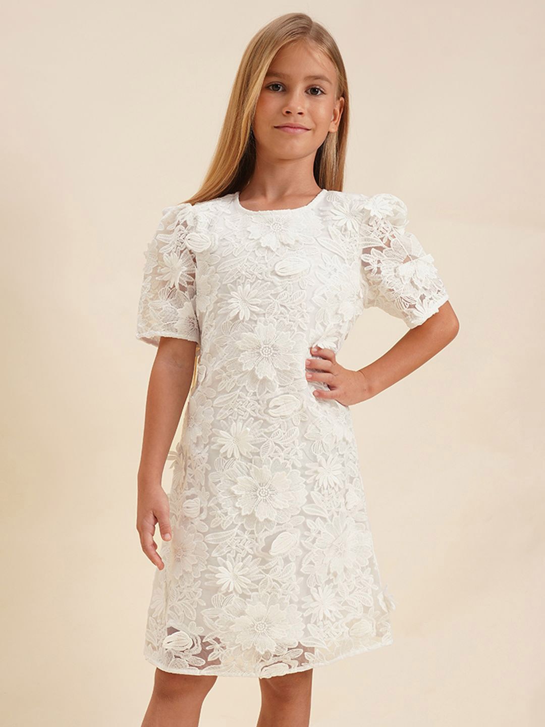 

Vero Moda Girls White Self Design Round Neck A-Line Dress