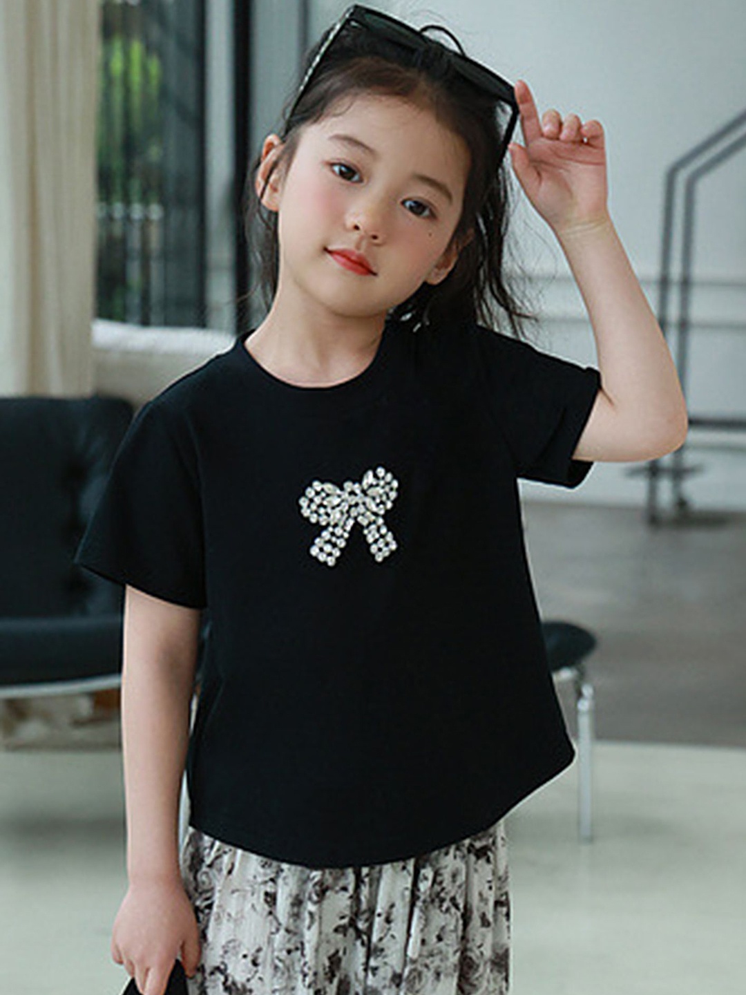 

LULU & SKY Girls Graphic Printed Round Neck Cotton T-shirt, Black