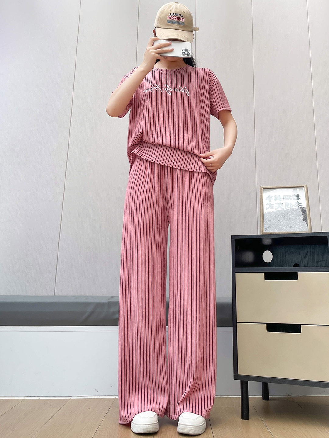 

Lugo Striped Self Design Round Neck T-Shirt With Palazzo, Pink