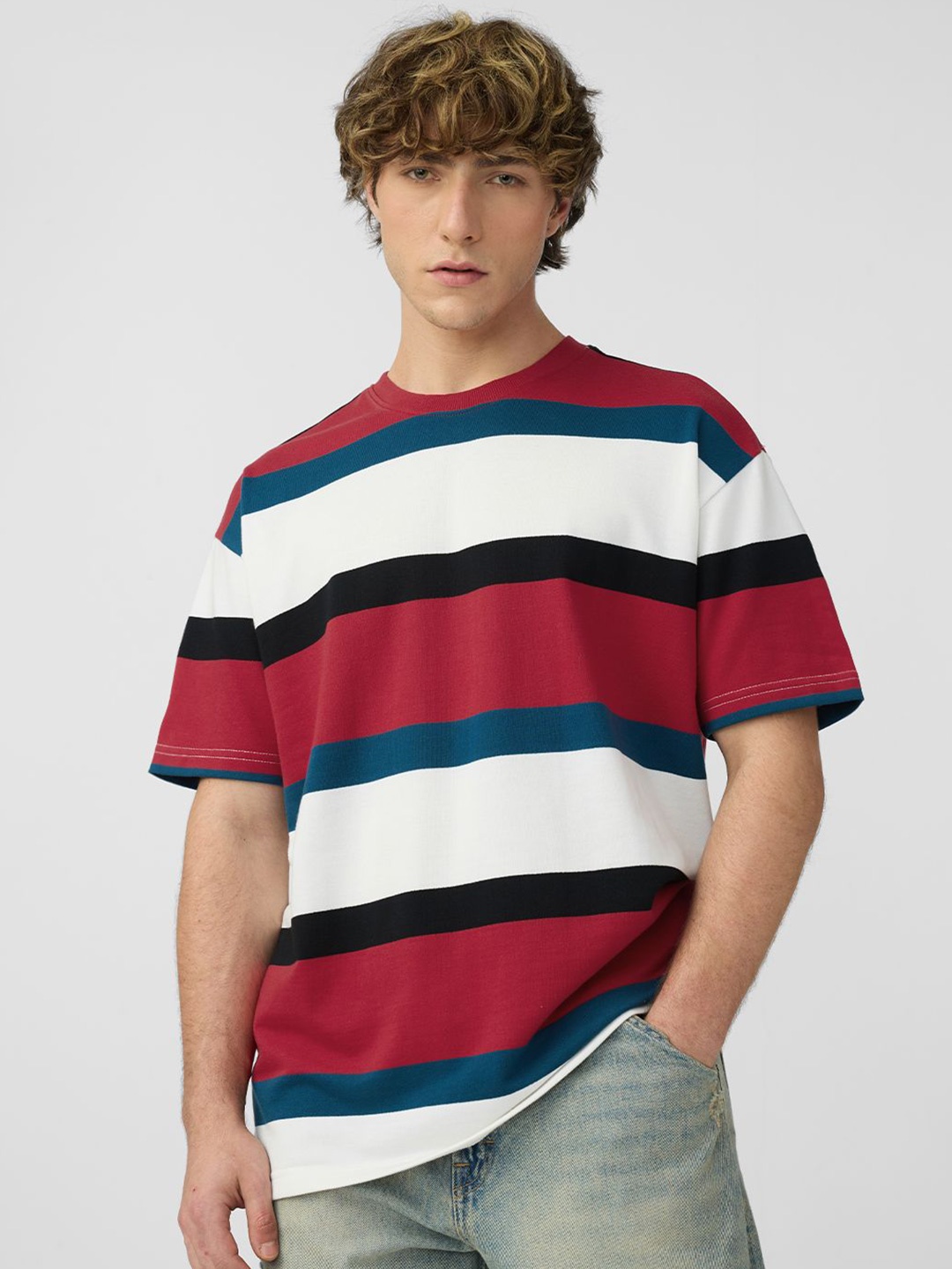 

The Souled Store Men Striped Round Neck Cotton Oversized T-shirt, White