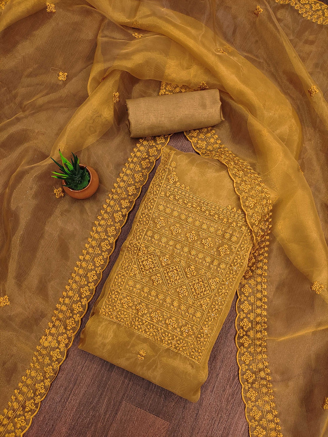 

SHADOW & SAINING Embroidered Zari Organza Unstitched Dress Material, Mustard