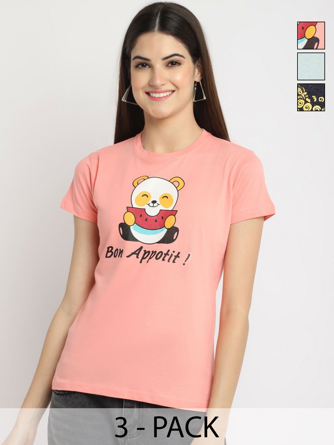 

Dreambe Women Pack of 3 Graphic Printed Round Neck Cotton T-shirts, Peach