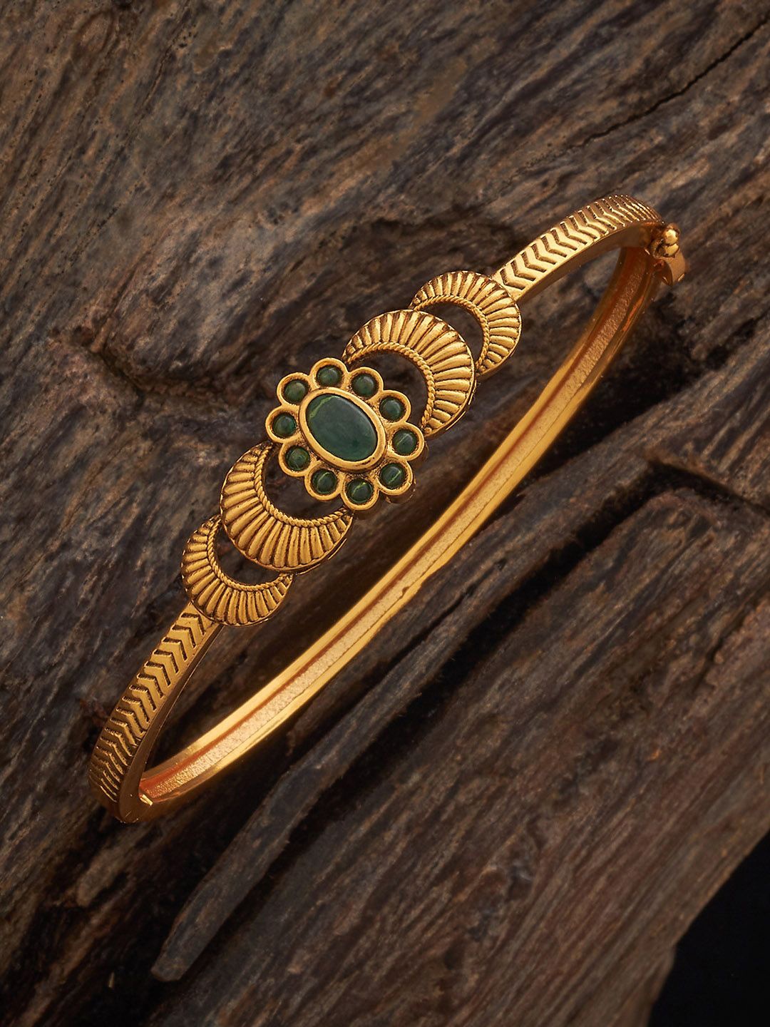 

Kushal's Fashion Jewellery Gold-Plated Green Stones Studded Ethnic Antique Kada Bangle