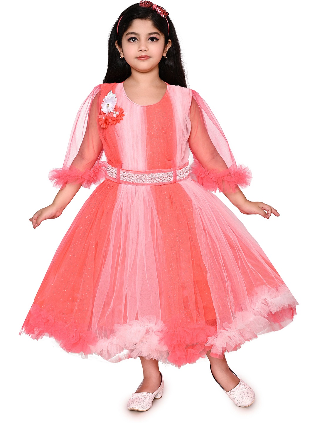 

Zenat Girls Flared Sleeve Round Neck Frills Work Applique Detail Tulle Dress, Red