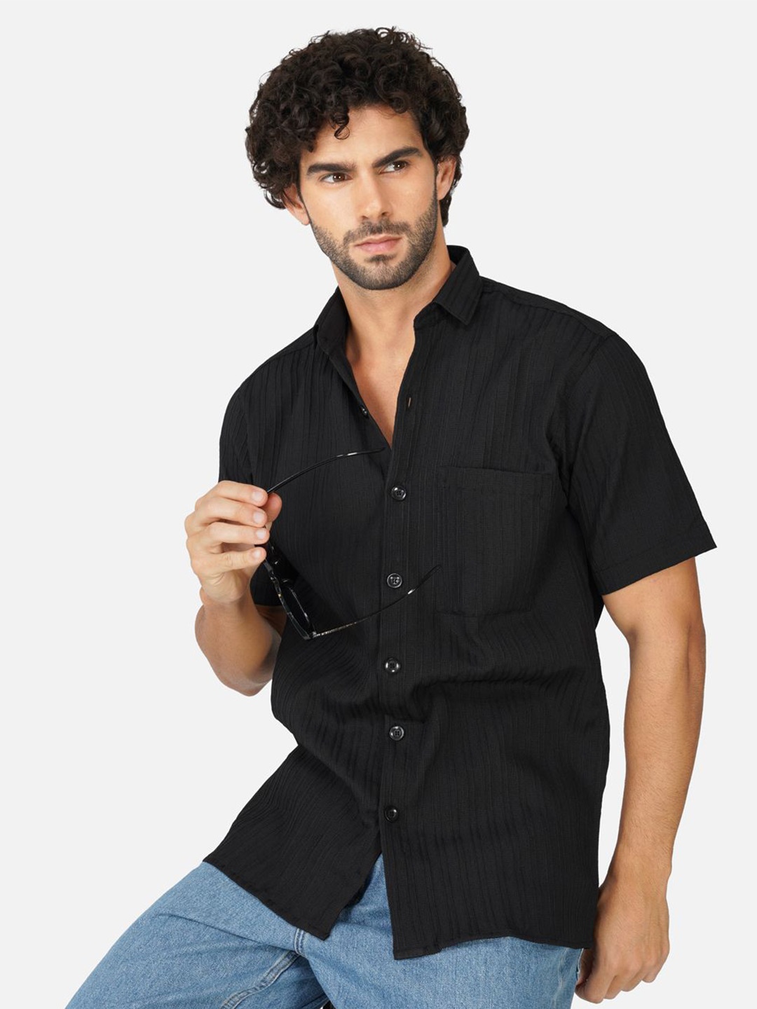 

BASE 41 Men Spread Collar Textured Casual Shirt, Black