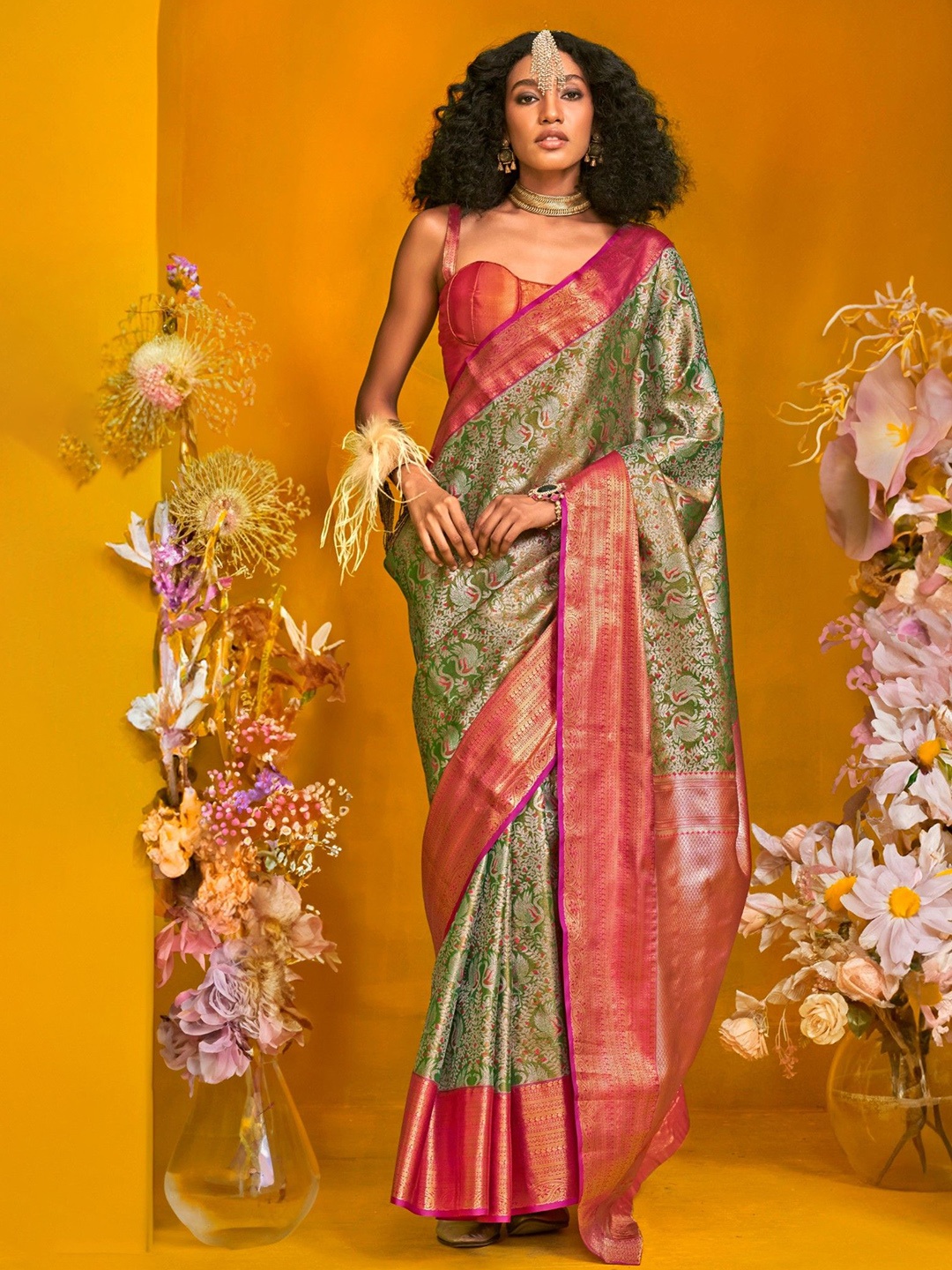 

MySilkLove Wild Willow Green Woven Design Handloom Kanjivaram Saree