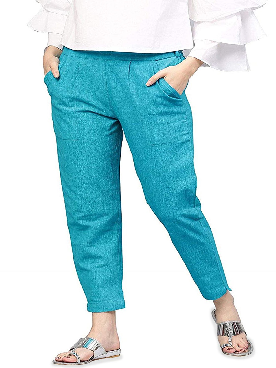 

ATARAH Pure Cotton Mid Rise Trousers, Turquoise blue
