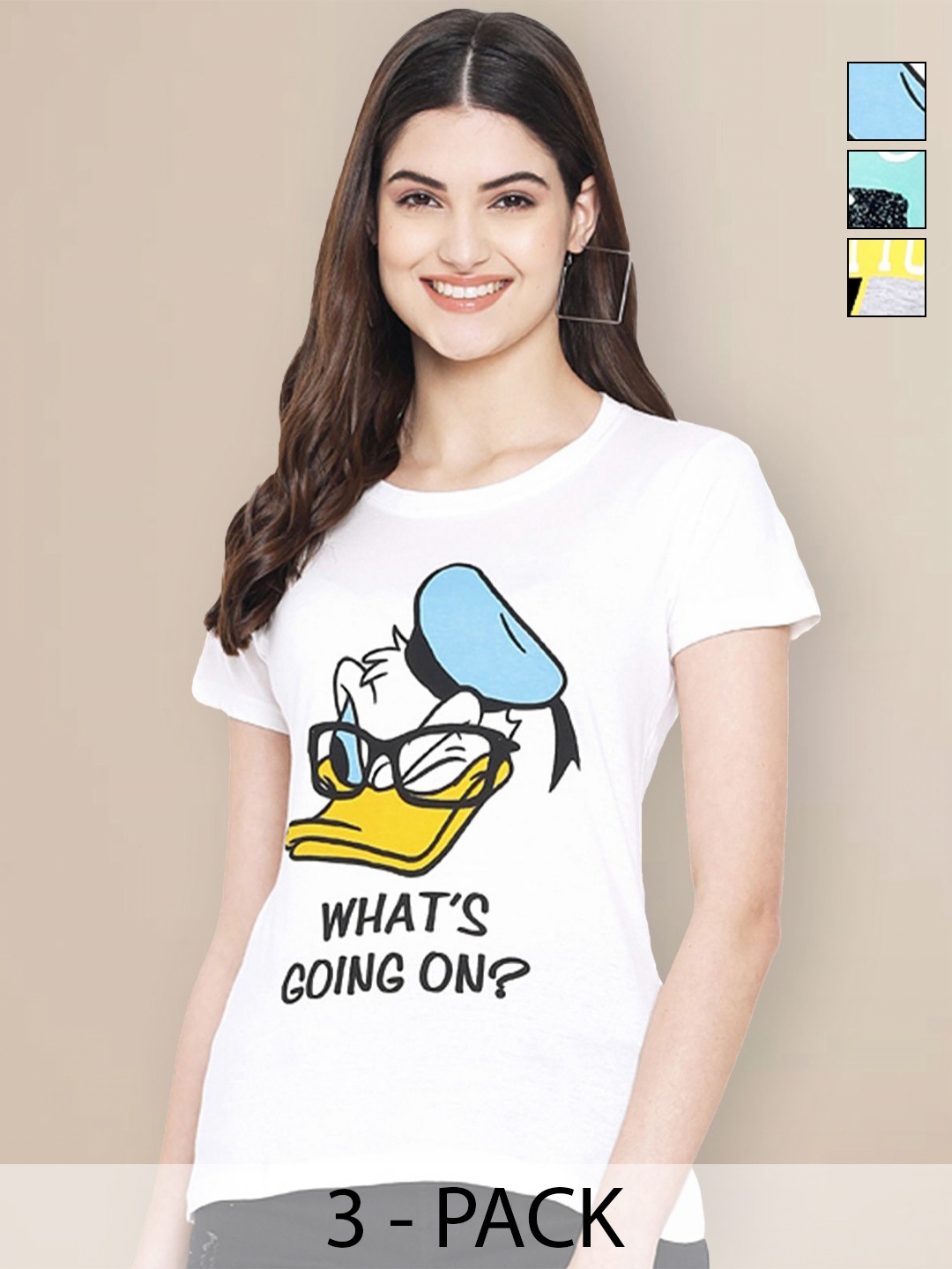 

Metronaut Women Pack of 3 Donald Duck Typography Printed Round Neck Cotton T-shirts, White