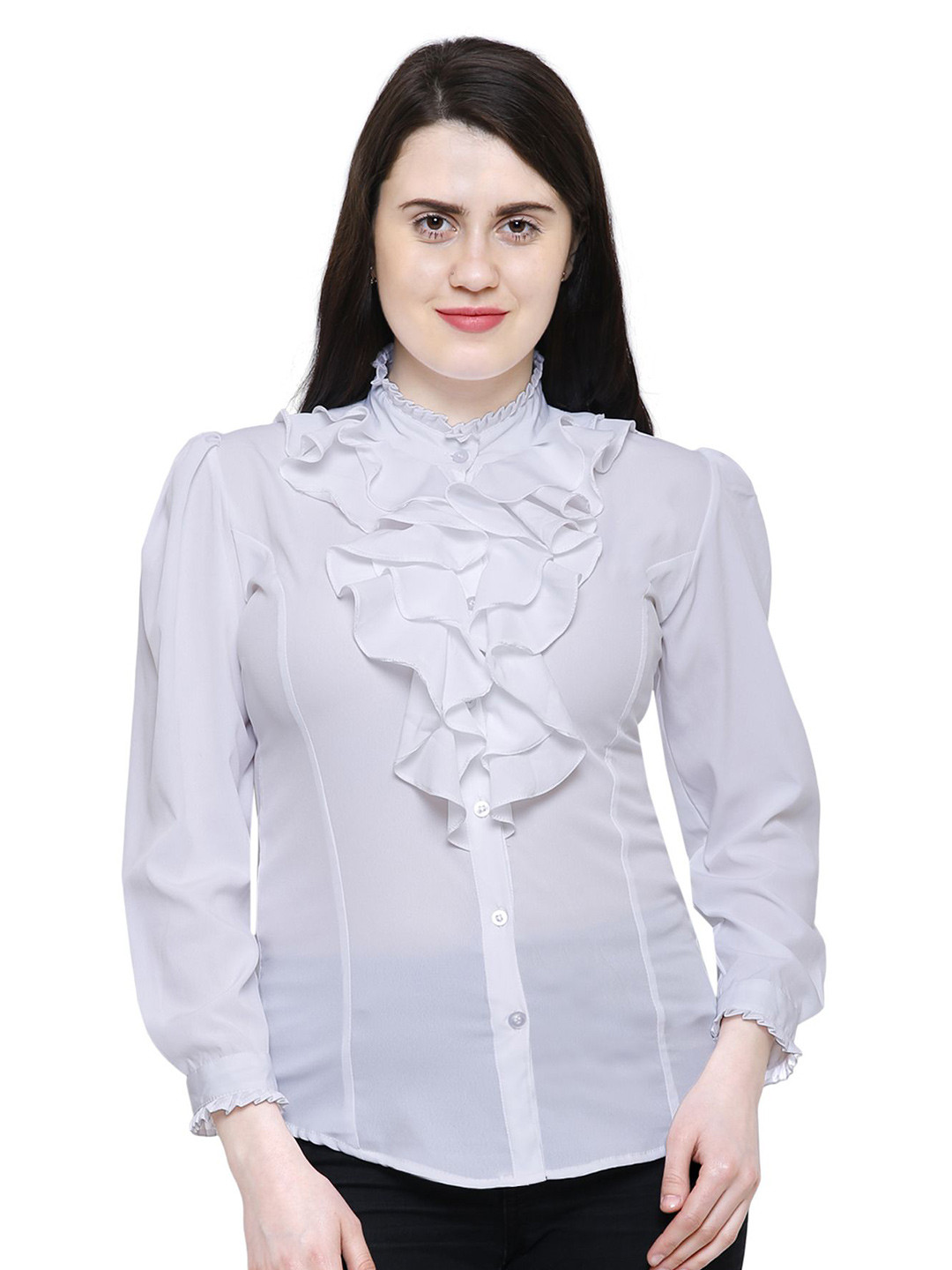

KEIRAA Spread Collar Tailored Fit Ruffle Shirt, White