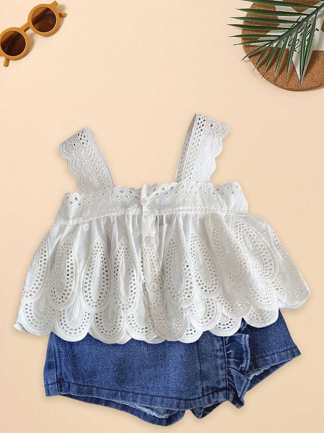 

FOREVER FRIDAY Girls Self Design Pure Cotton Shoulder Straps Top & Shorts, White