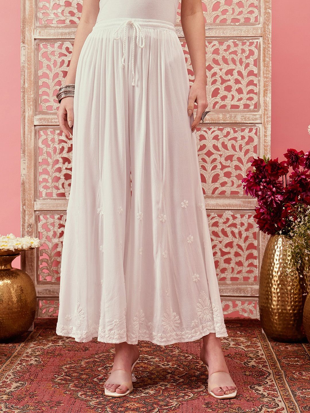 

ADA Women Ethnic Motifs Embroidered Flared Ethnic Palazzos, White
