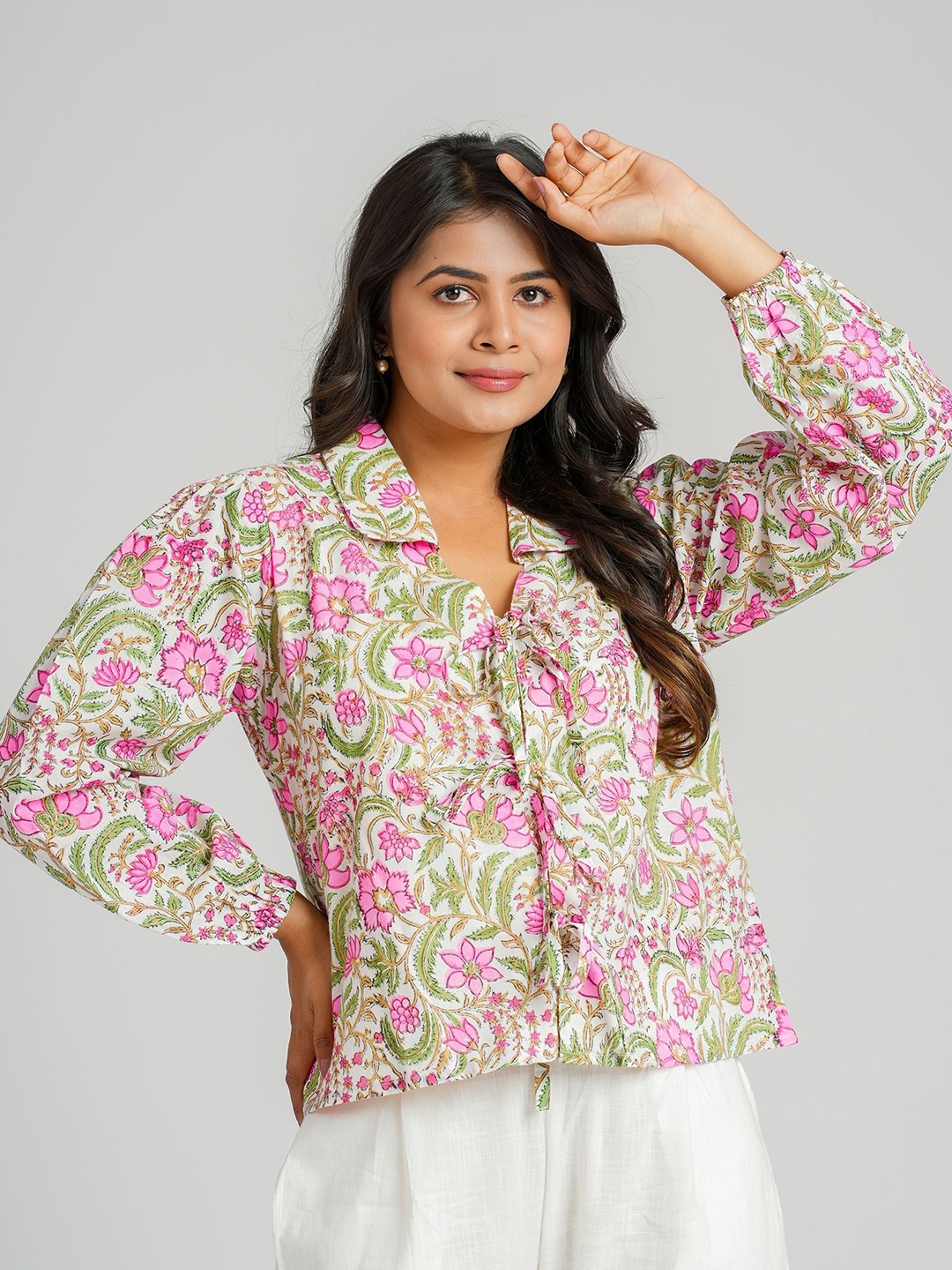 

Cotton Curio Women Cotton Block Printed Short Top, Pink