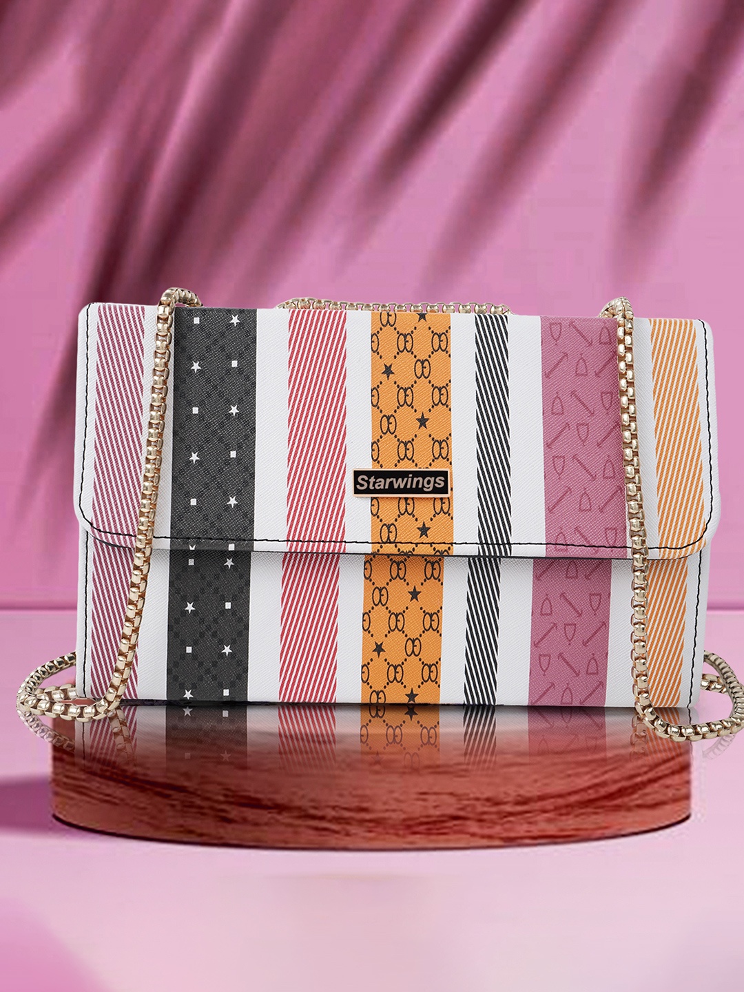 

STARWINGS Women Striped Structured Sling Bag, White