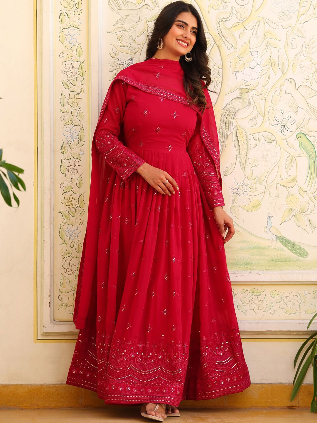 

KALINI Floral Embroidered Sequinned Silk Georgette Anarkali Kurta with Pyjamas & Dupatta, Pink