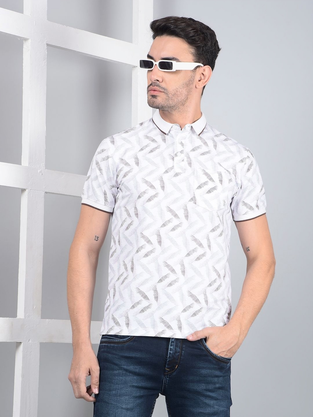 

Crimsoune Club Men Abstract Printed Polo Collar Cotton Slim Fit T-shirt, Grey