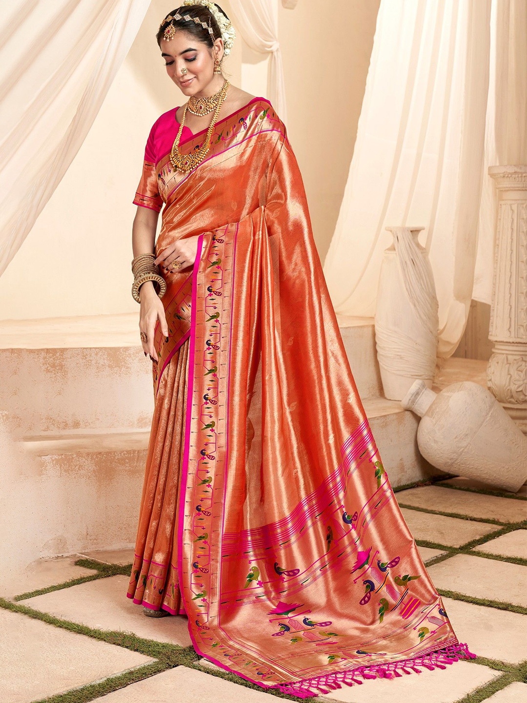 

MySilkLove Atomic Orange Zari Woven Paithani Tissue Saree