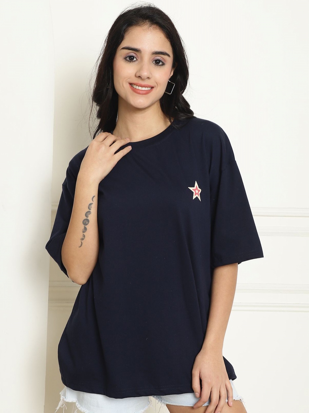 

Tromko Women Typography Printed Round Neck Cotton Oversized T-shirt, Black