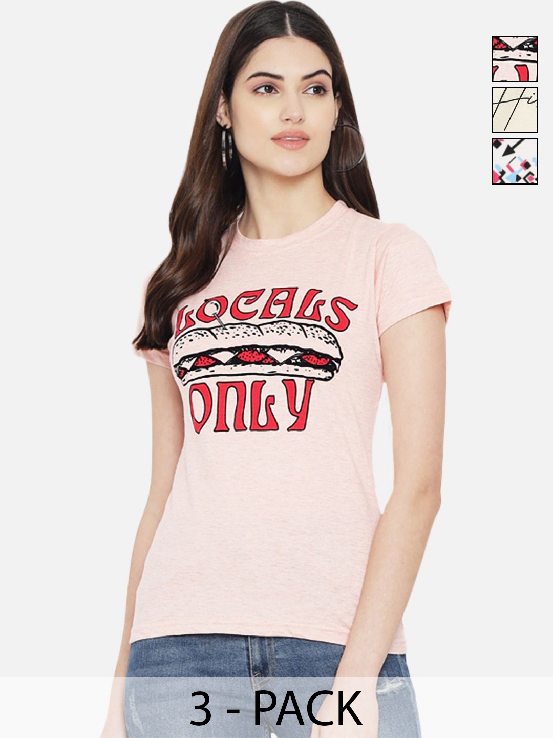 

Dreambe Pack Of 3 Typography Printed Round Neck Cotton T-shirt, Pink