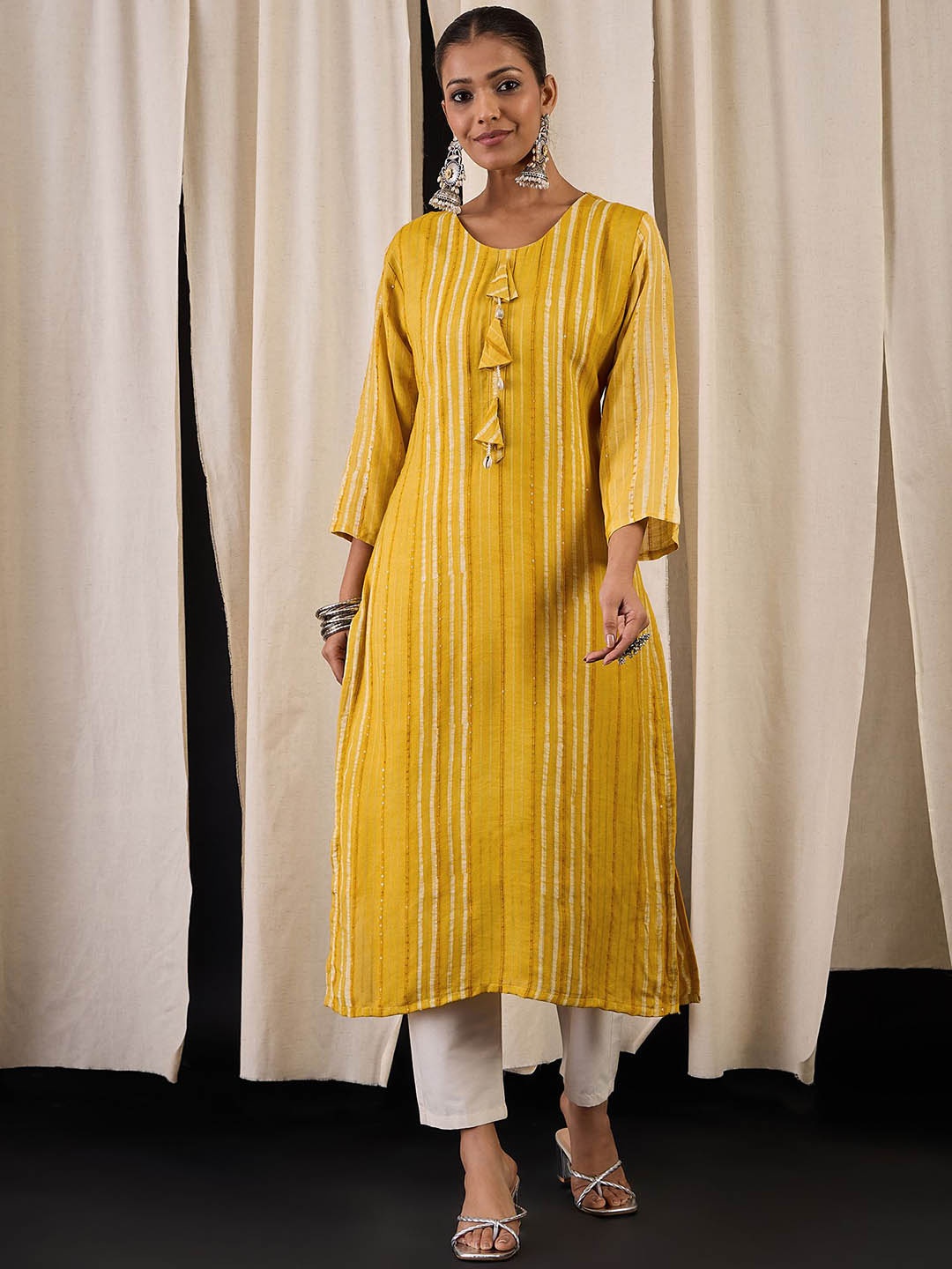 

Anouk Striped Printed Sequins Chanderi Silk Straight Kurta, Yellow