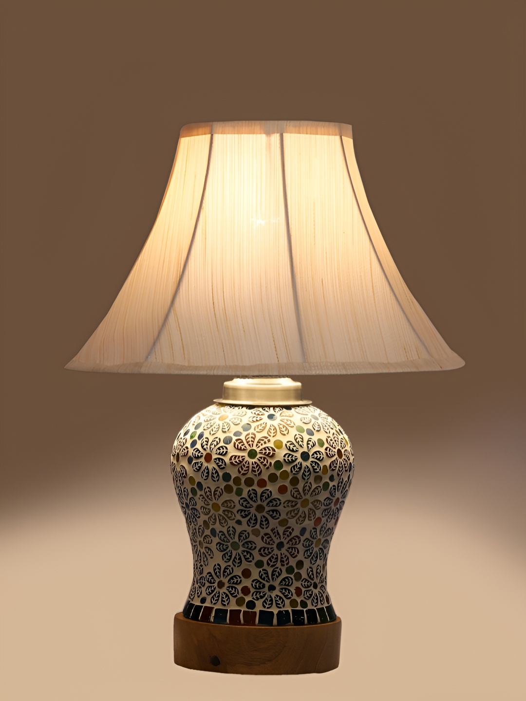 

Devansh Off White Traditional Frustum Shaped Wooden Table Lamp & Mosaic Glass