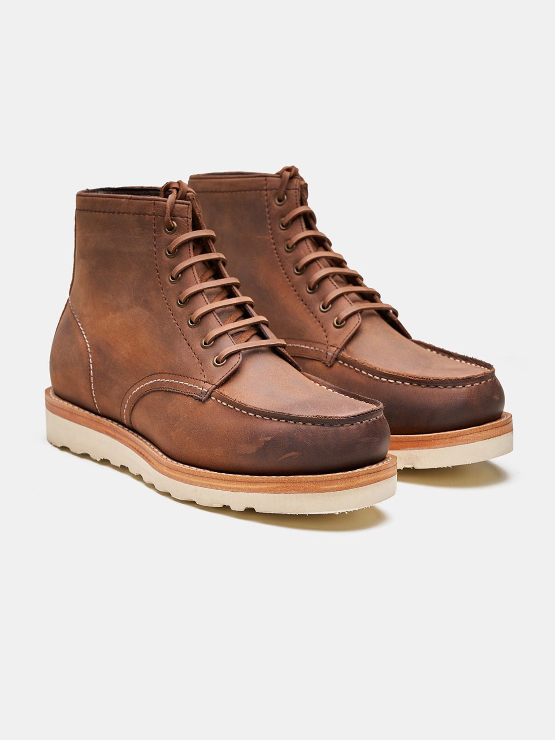 

KOZASKO Men Goodyear Welted Brown Oiled Leather Moctoe Boot, Coffee brown