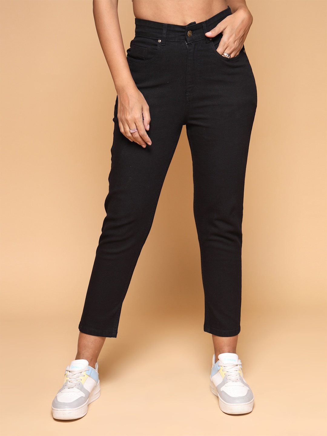

KATLINE Women Pencil Boyfriend Fit High-Rise Stretchable Jeans, Black