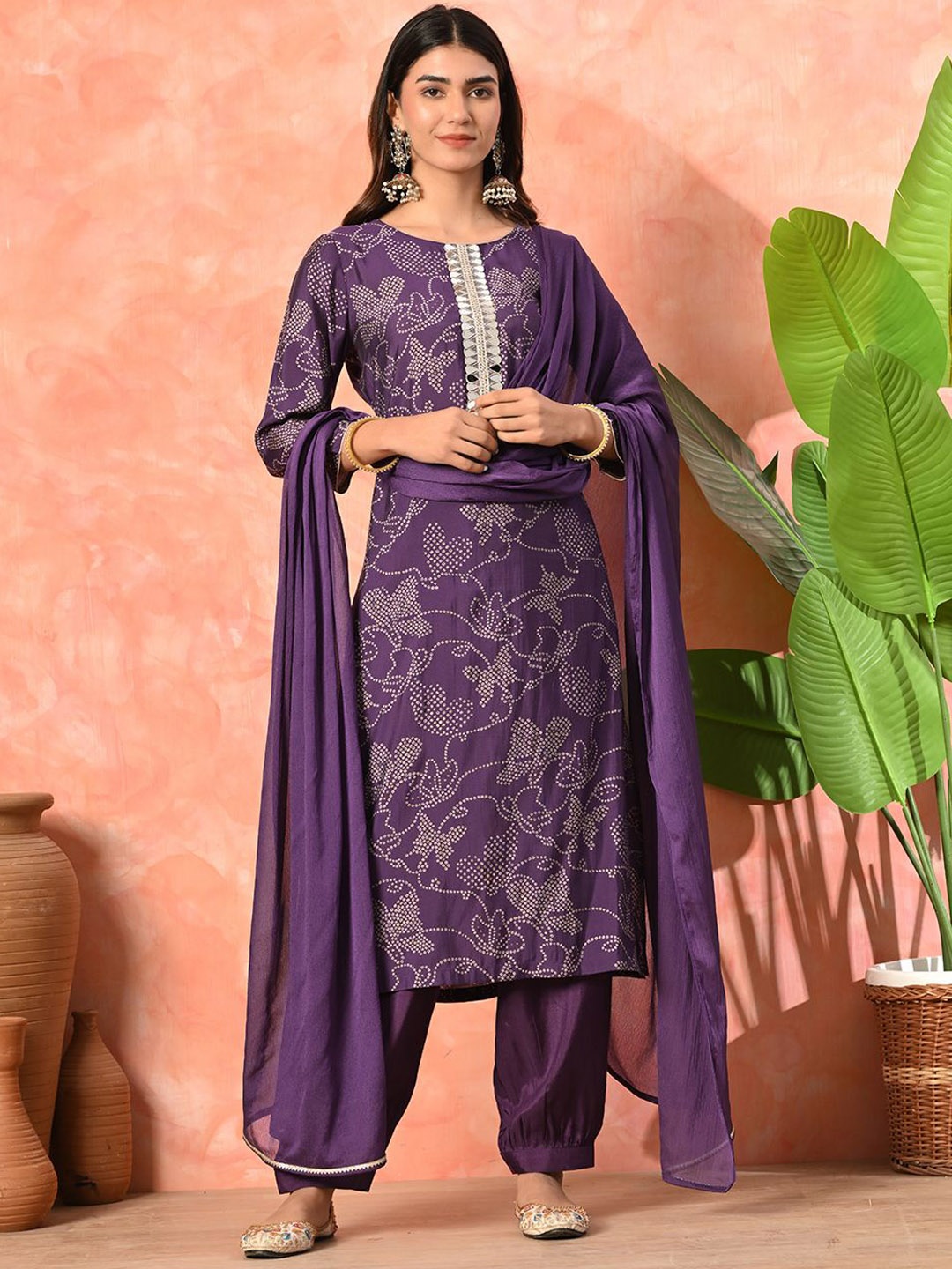 

Sangria Bandhani Printed Mirror Work Straight Kurta With Trousers & Dupatta, Purple