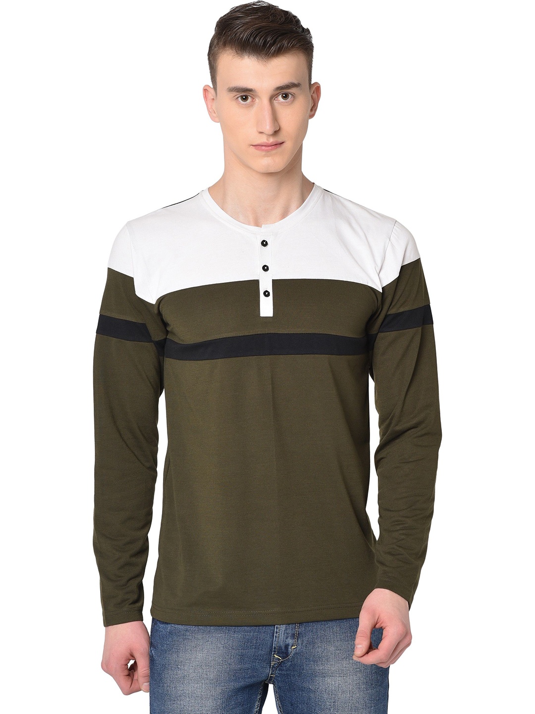 

Unicus Apparel Men Colourblocked Henley Neck Cotton T-shirt, Olive