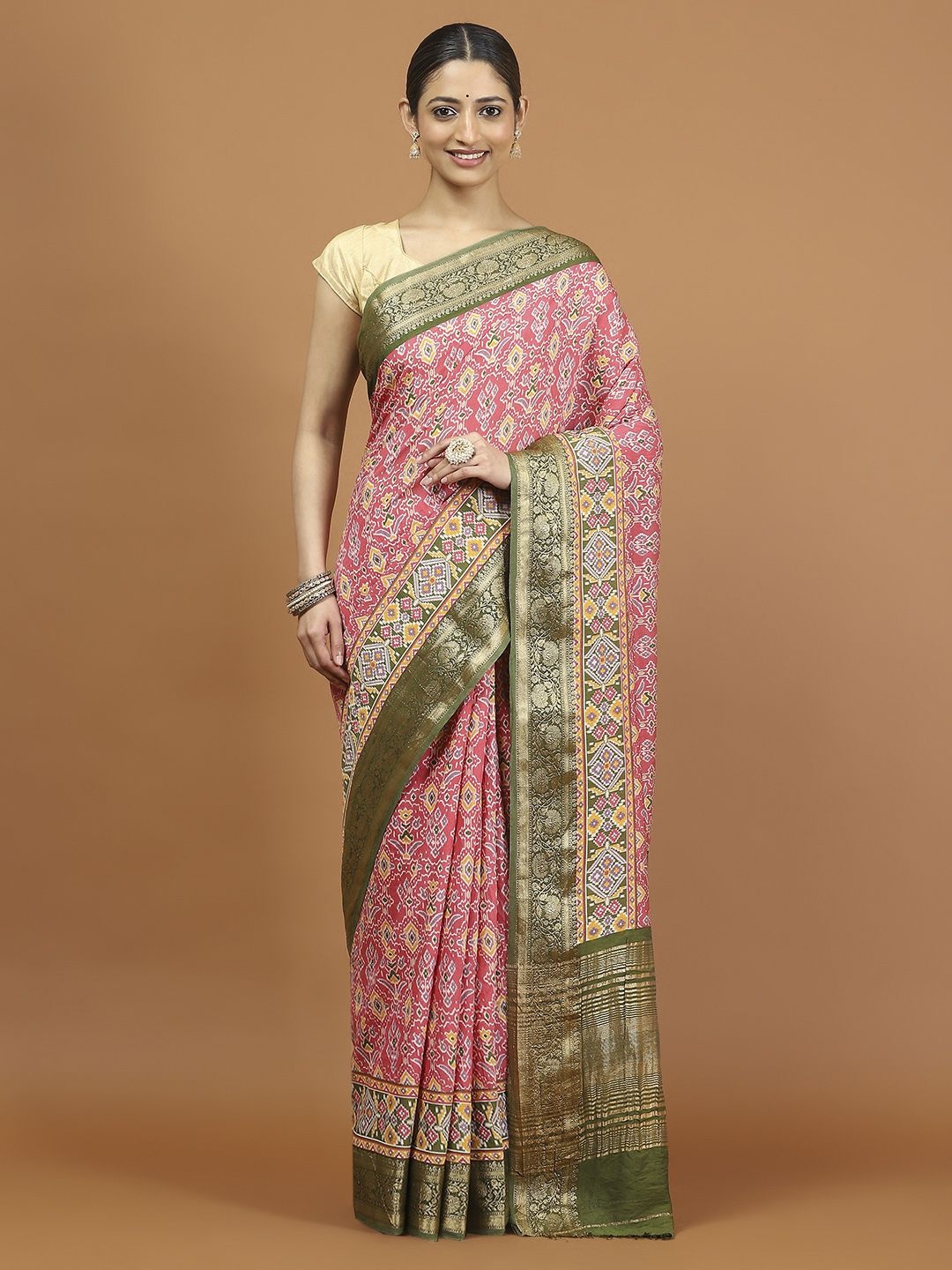 

Meena Bazaar Ethnic Motifs Printed Zari Saree, Pink