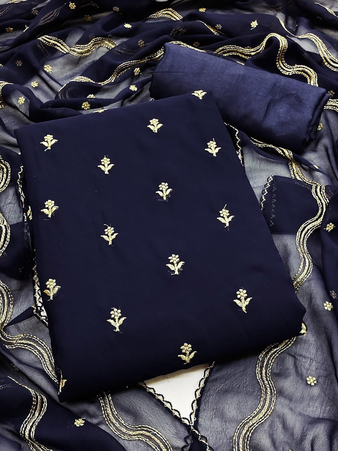 

SHADOW & SAINING Floral Embroidered Zari Silk Georgette Unstitched Dress Material, Blue