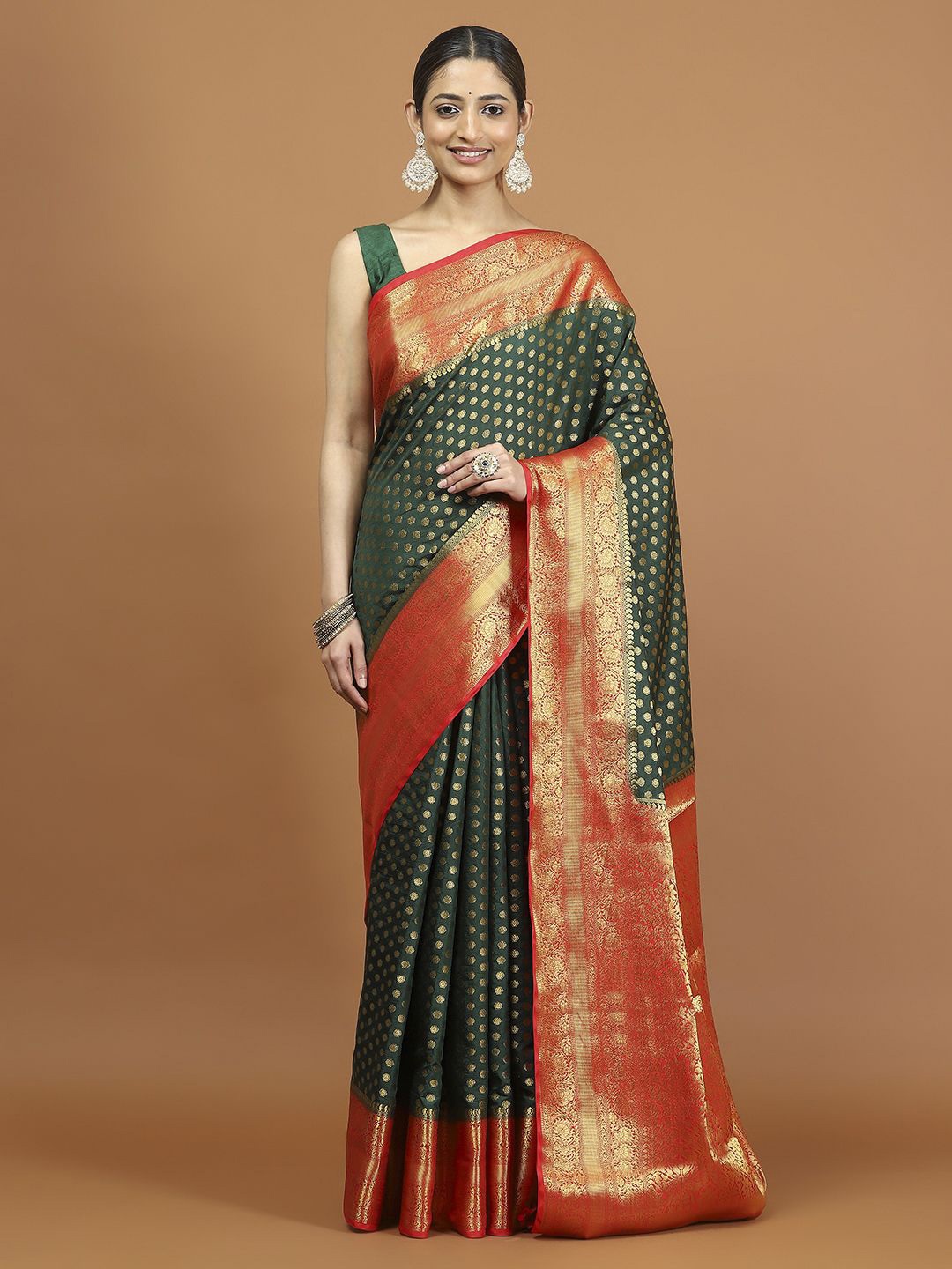 

Meena Bazaar Woven Design Printed Zari Saree, Green