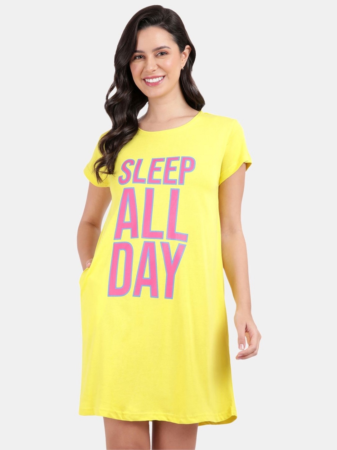 

SNAPPY B Typography Printed Round Neck Cotton Long T-shirt, Yellow