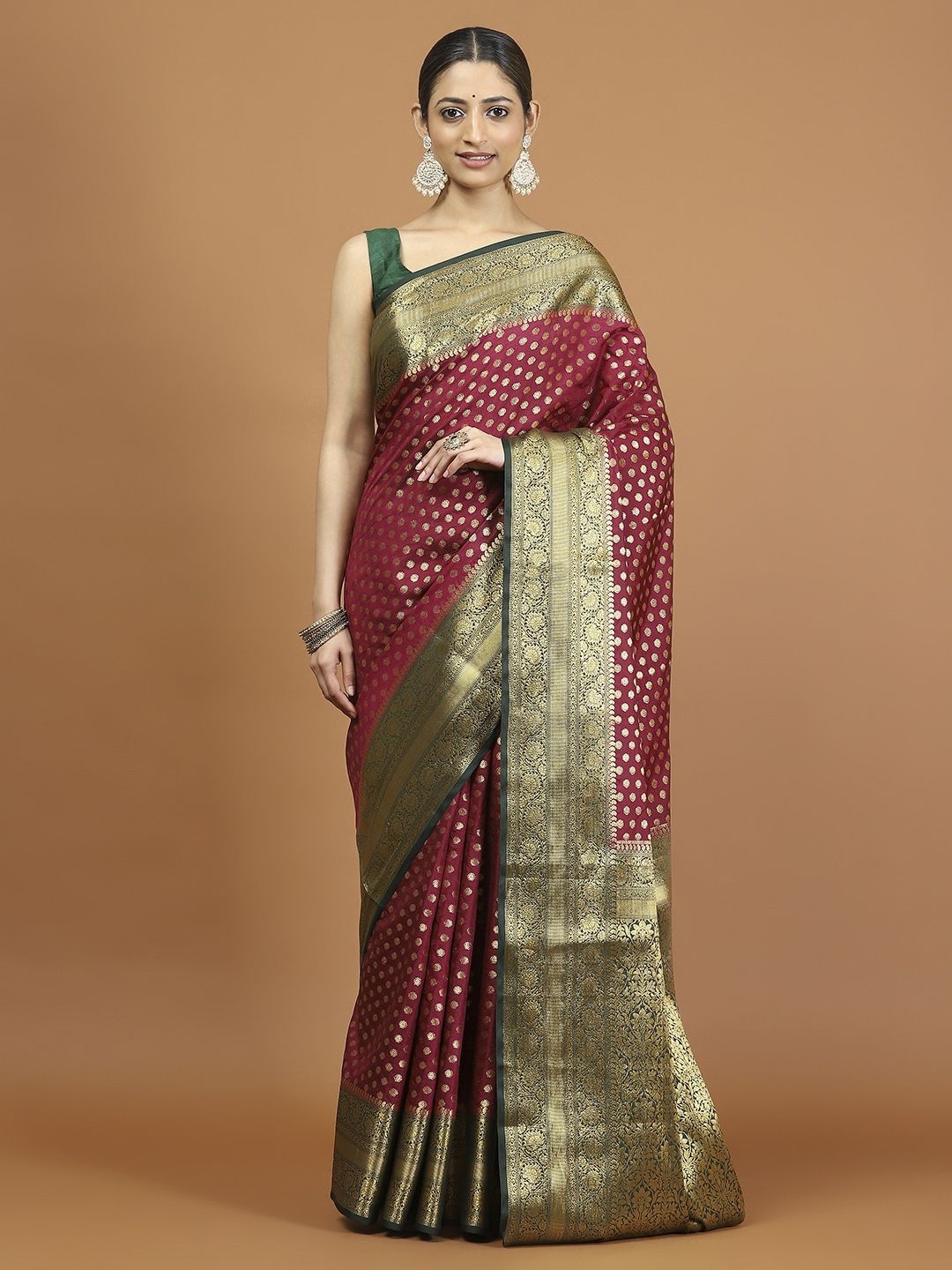 

Meena Bazaar Woven Design Printed Zari Saree, Burgundy
