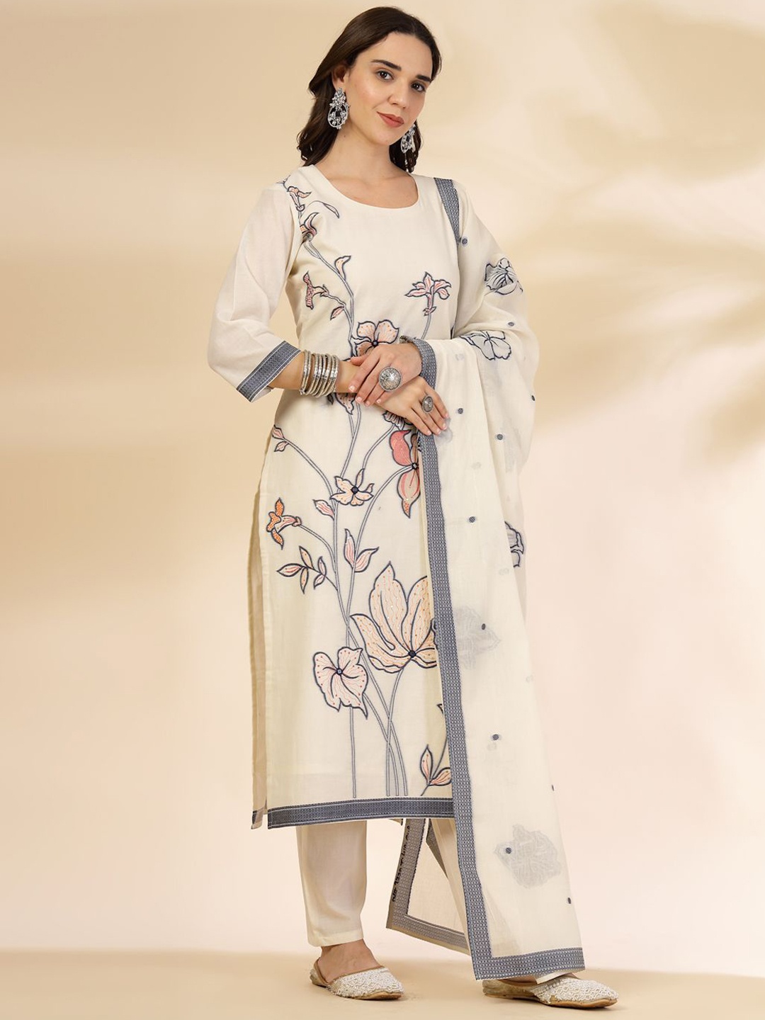 

Yufta Floral Embroidered Sequinned Pure Cotton Straight Kurta With Trousers & Dupatta, Off white