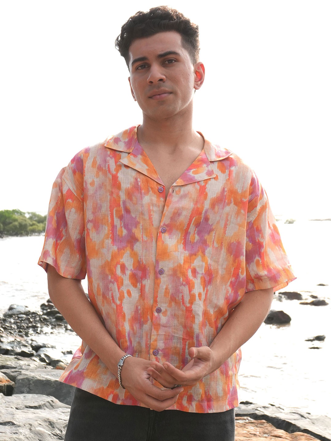 

Big Bunny Men Oversized Fit Cuban Collar Abstract Printed Casual Shirt, Orange