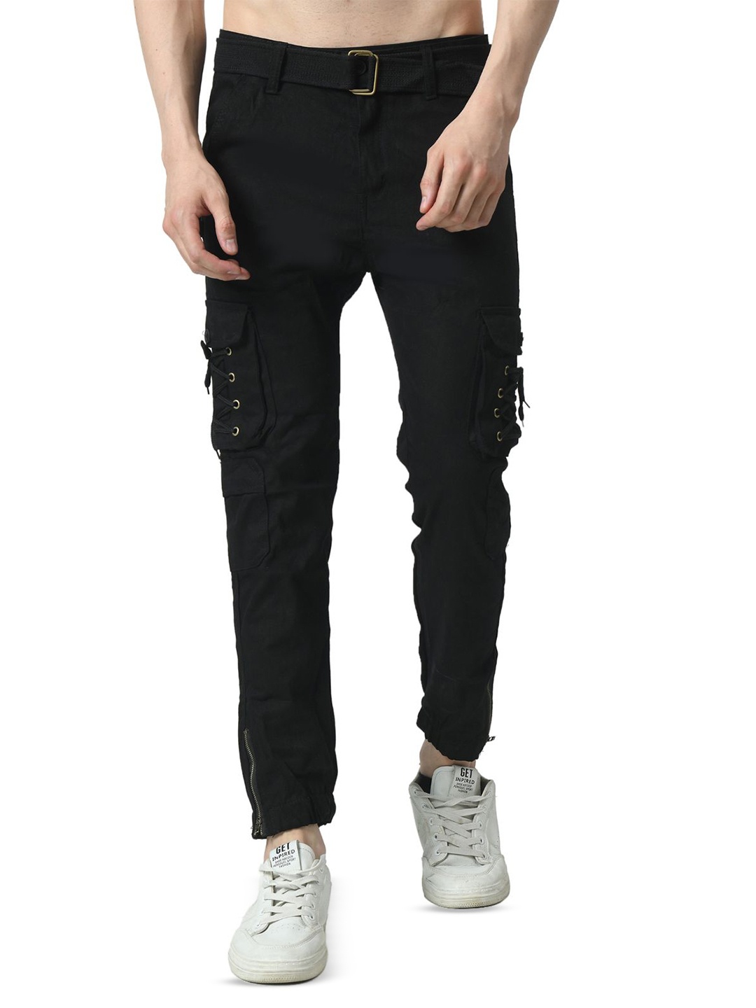 

COMFITS Men Classic Regular Fit Denim Cargos With Belt, Black