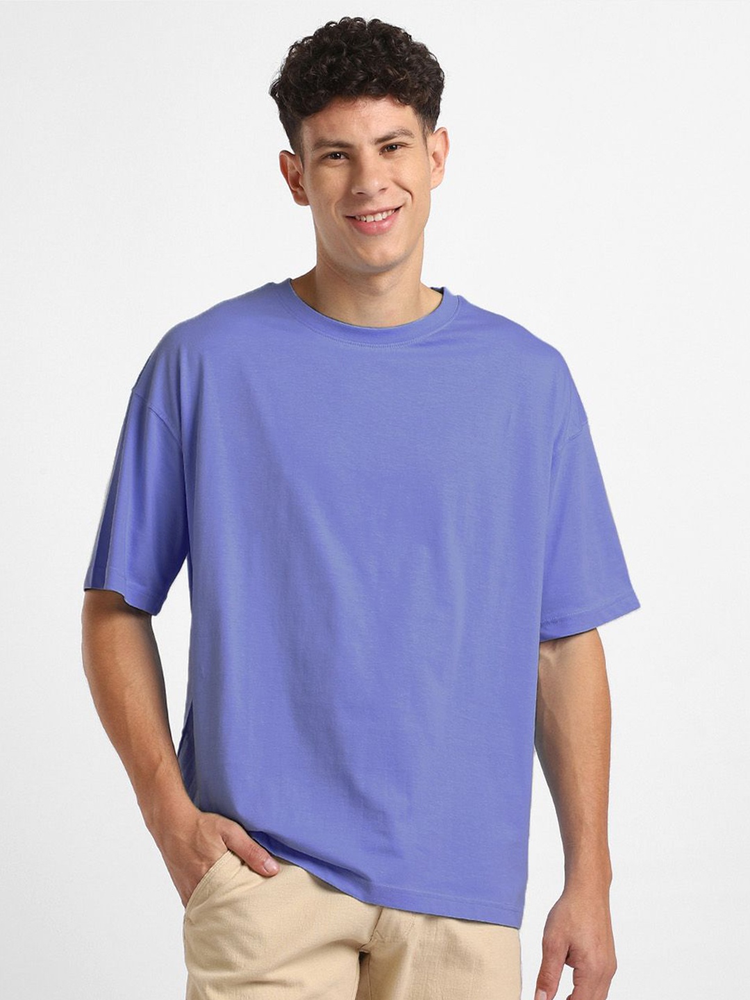 

NOBERO Graphic Printed Drop-Shoulder Sleeves Cotton Oversized T-shirt, Blue